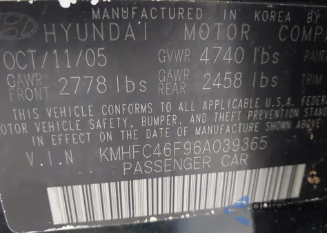 2006 Hyundai Azera Limited/Se z USA, uszkodzony, nr VIN KMHFC46F96A039365